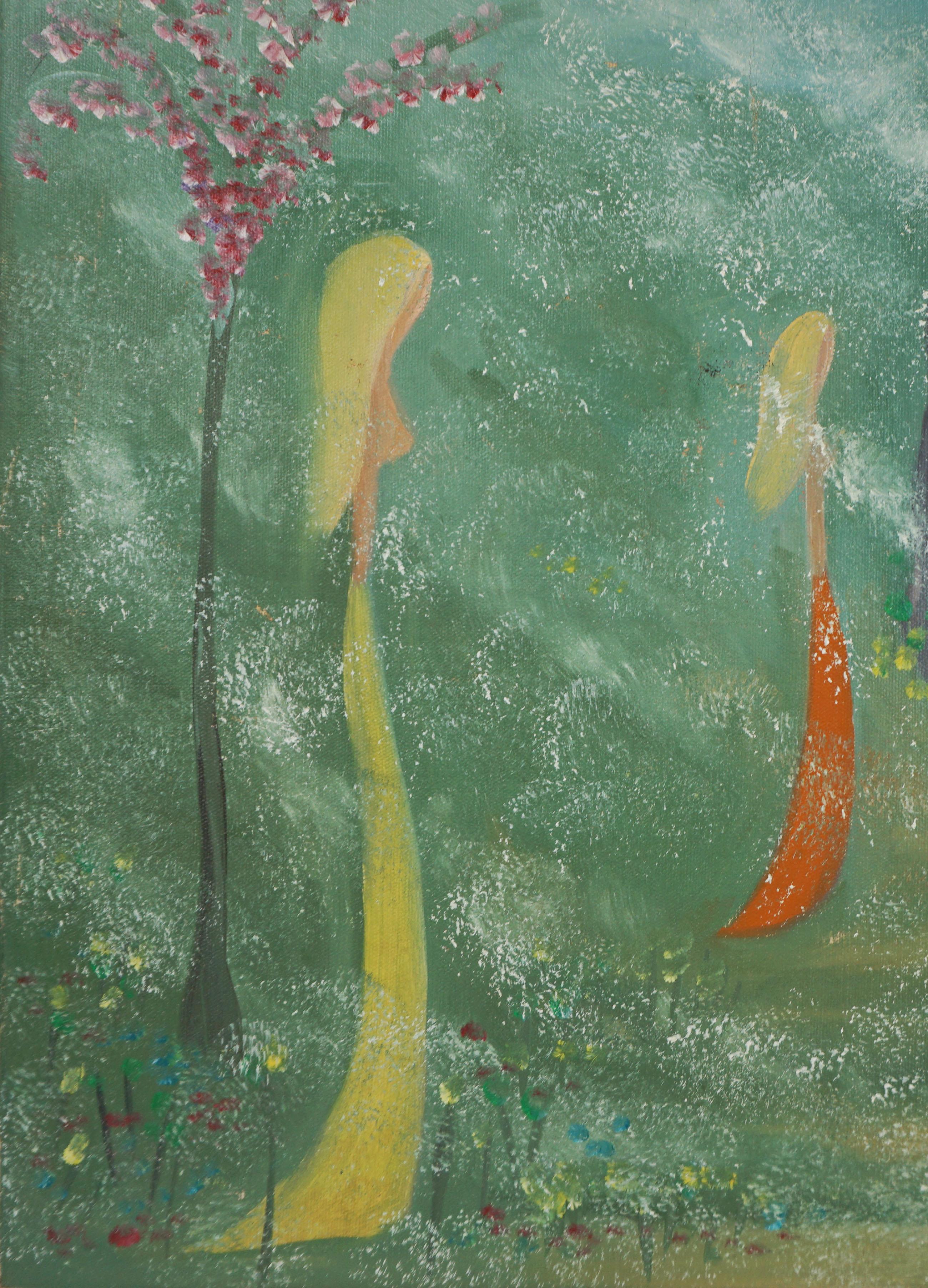 Mid Century Modern Surrealist Hawaiian Visionary Art - The Dream & the Dreamers - Gray Landscape Painting by Marguerite Blasingame