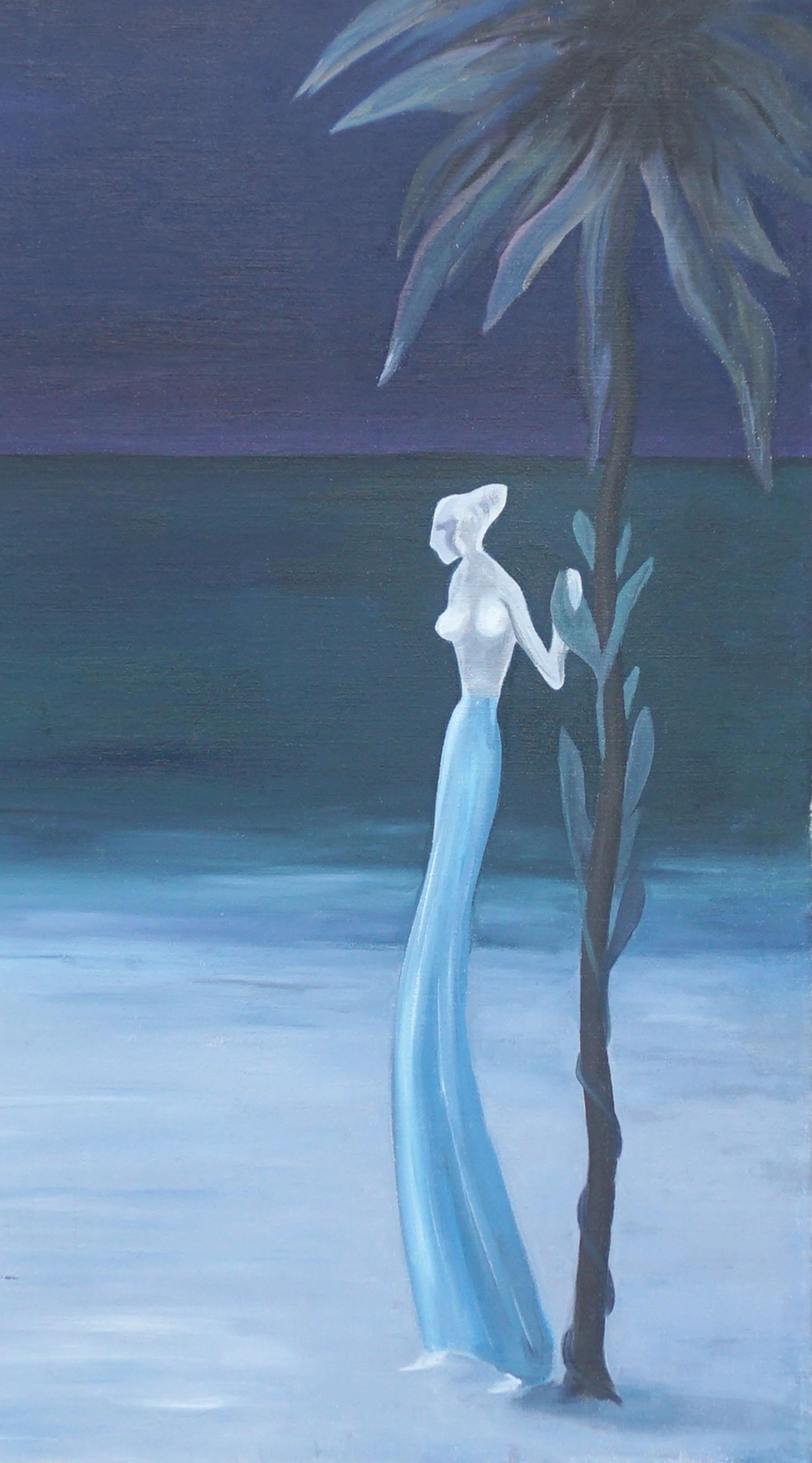 Surrealist Nocturnal Hawaiian Figurative Landscape w. Blue Skirted Woman & Moon - Painting by Marguerite Blasingame