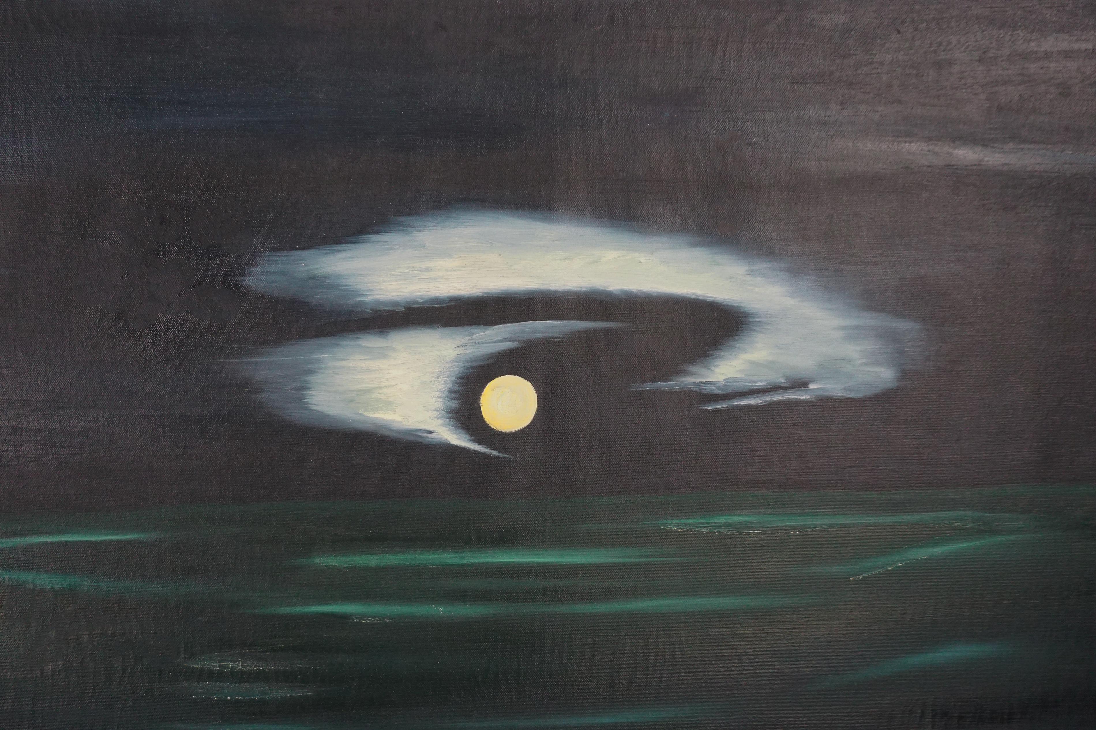 Surréaliste paysage de maison de Cliff House à Hawaï en pleine lune, paysage hawaïen des années 1940 - Painting de Marguerite Blasingame