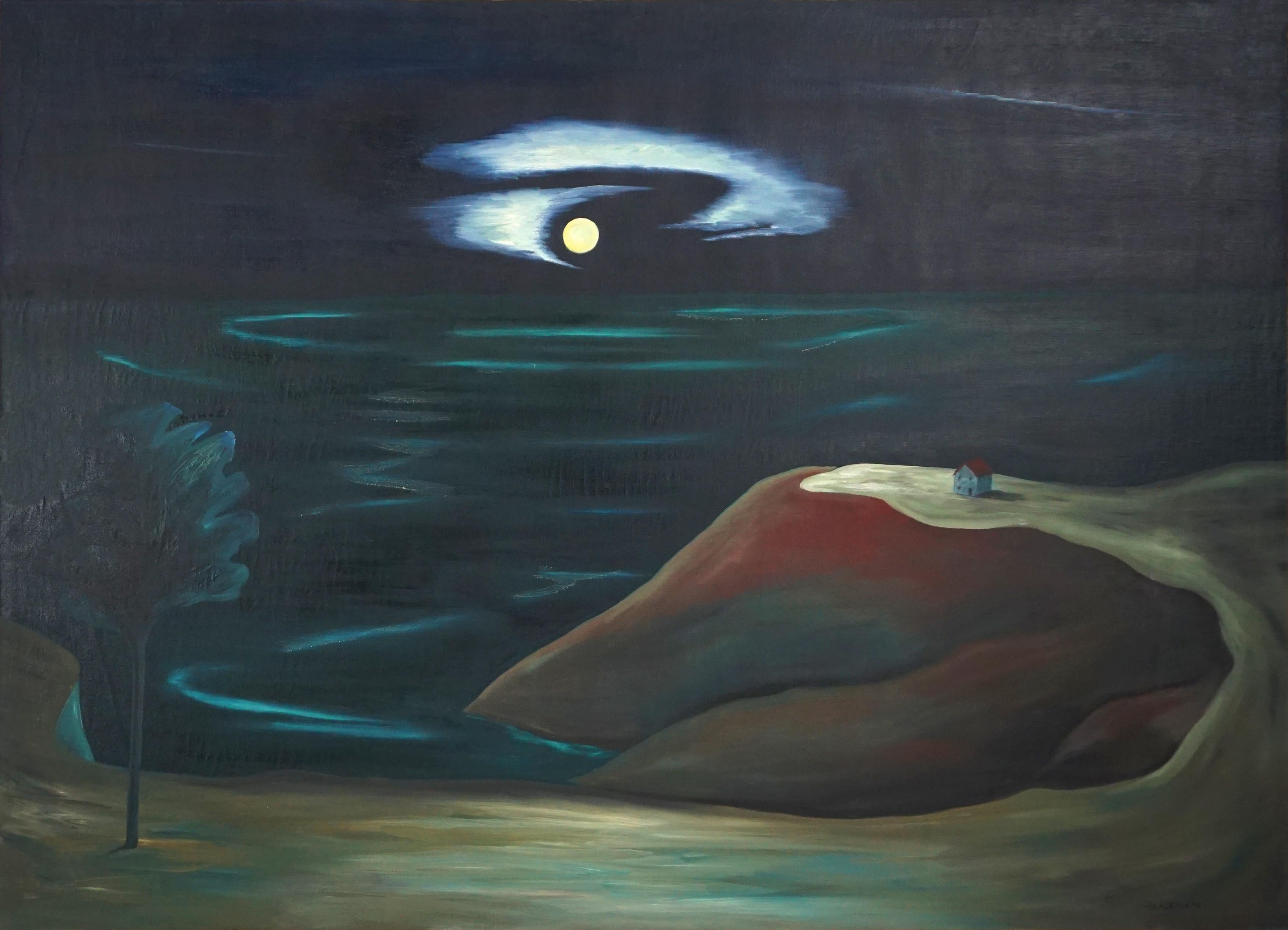 Marguerite Blasingame Figurative Painting - Surreal Full Moon Hawaii Cliff House Nocturnal Hawaiian 1940s Landscape 