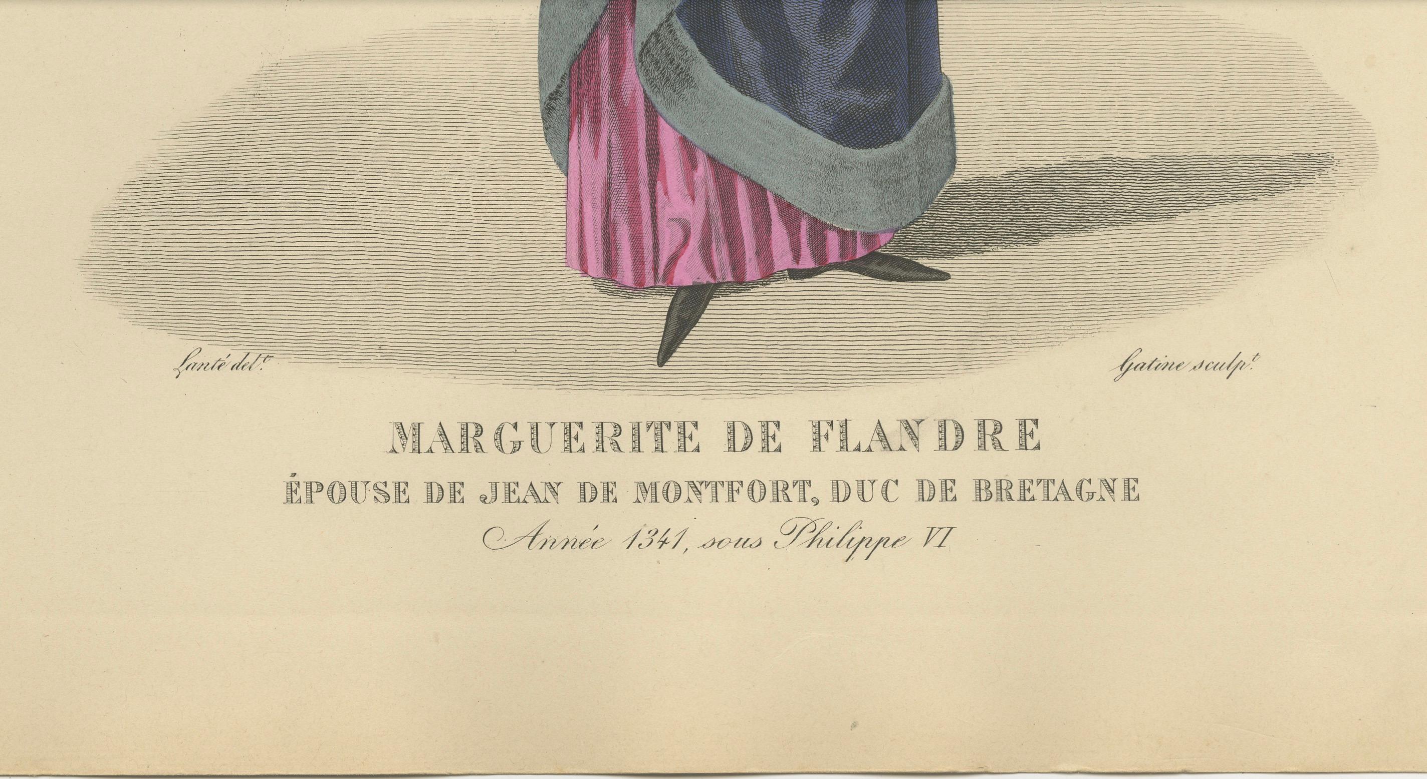 Handkoloriertes Portr�ät von Marguerite de Flandre, Duchesse de Bretagne (nach 1827, Ausgabe um 1900)

Eleganter handkolorierter Kupferstich von Marguerite de Flandre (gest. 1384), der Frau von Jean de Montfort, Herzog der Bretagne, die hier in der