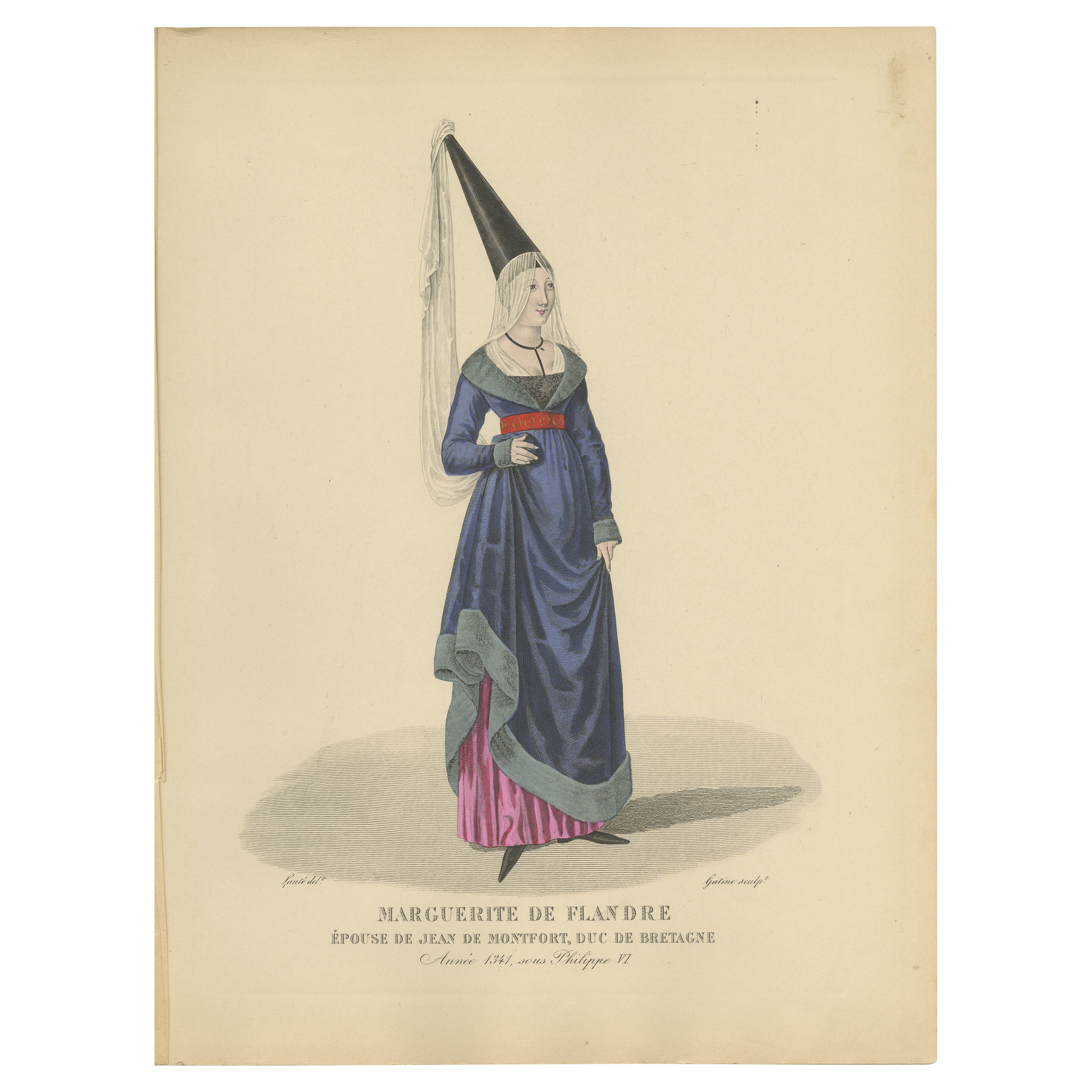 Marguerite de Flandre, Duchesse de Bretagne - Handkolorierter Druck, um 1900 im Angebot