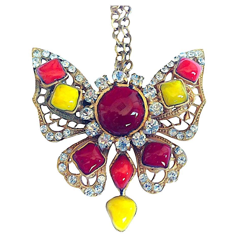 MARGUERITE DE VALOIS Couture Butterfly Brooch Necklace For Sale