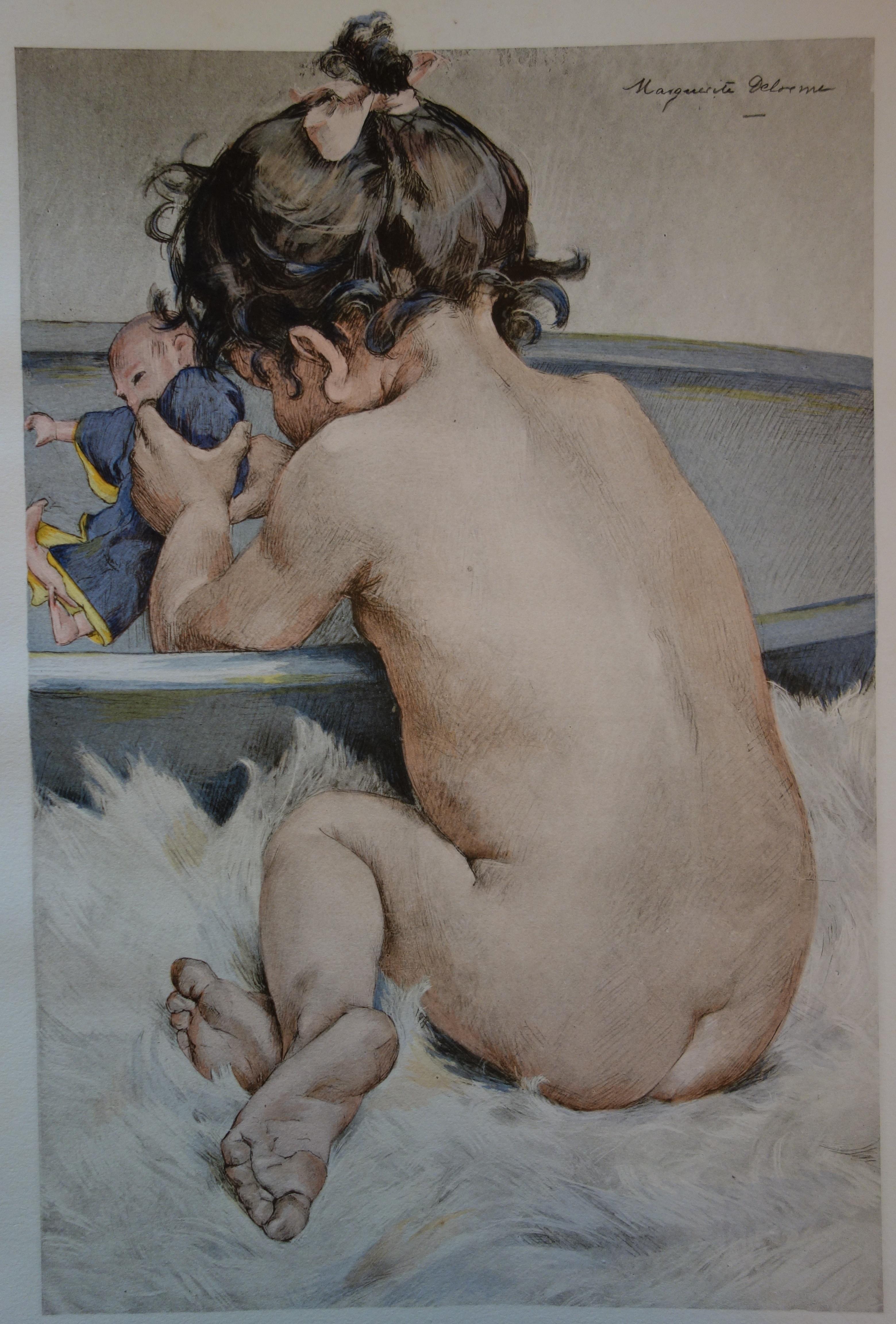 Young Girl Playing with a Doll - Original Lithograph 1899 - Print by Marguerite Delorme