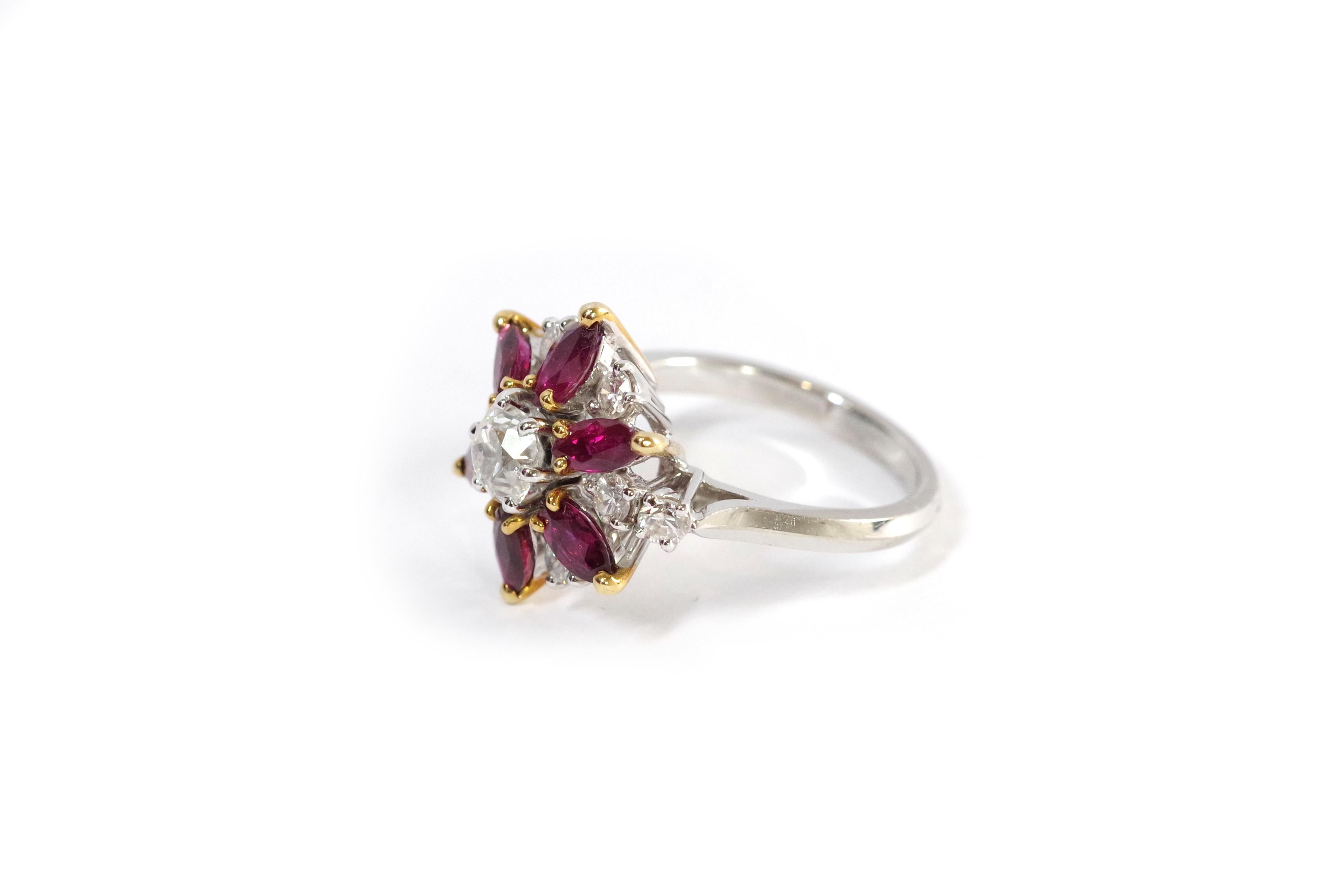 Modern Marguerite diamond ruby ring in 18-karat white gold For Sale