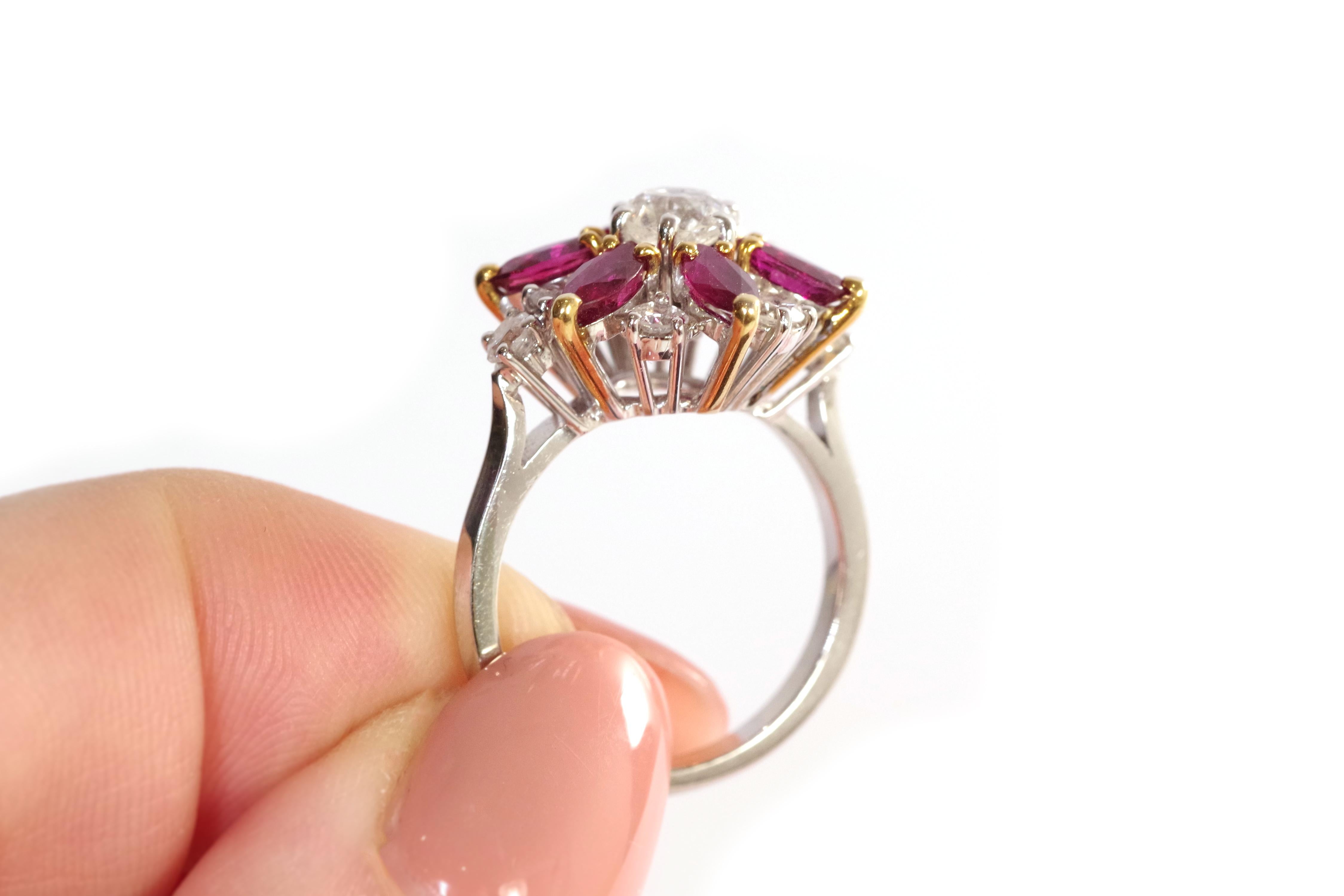 Old Mine Cut Marguerite diamond ruby ring in 18-karat white gold For Sale