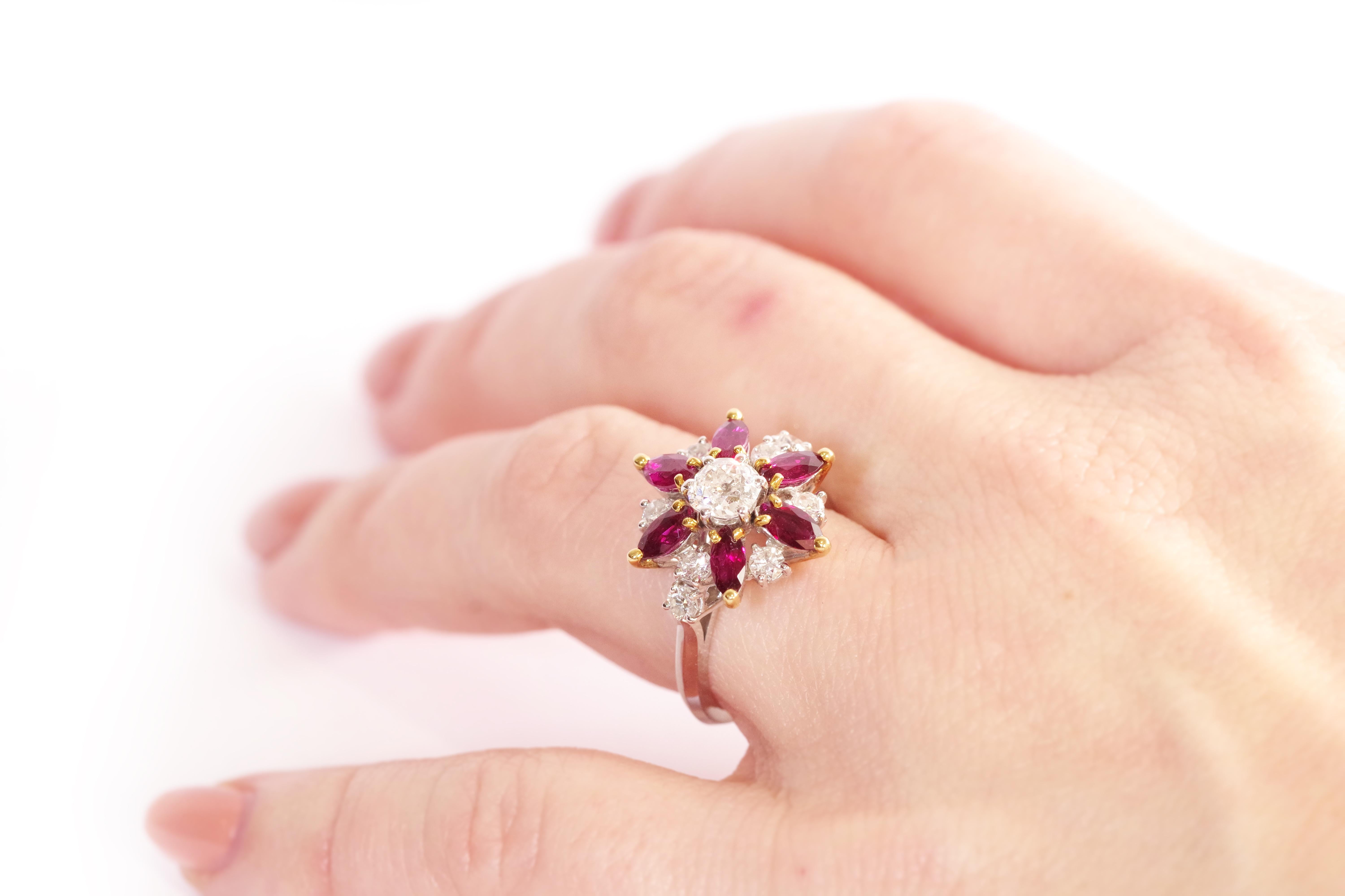 Women's Marguerite diamond ruby ring in 18-karat white gold For Sale