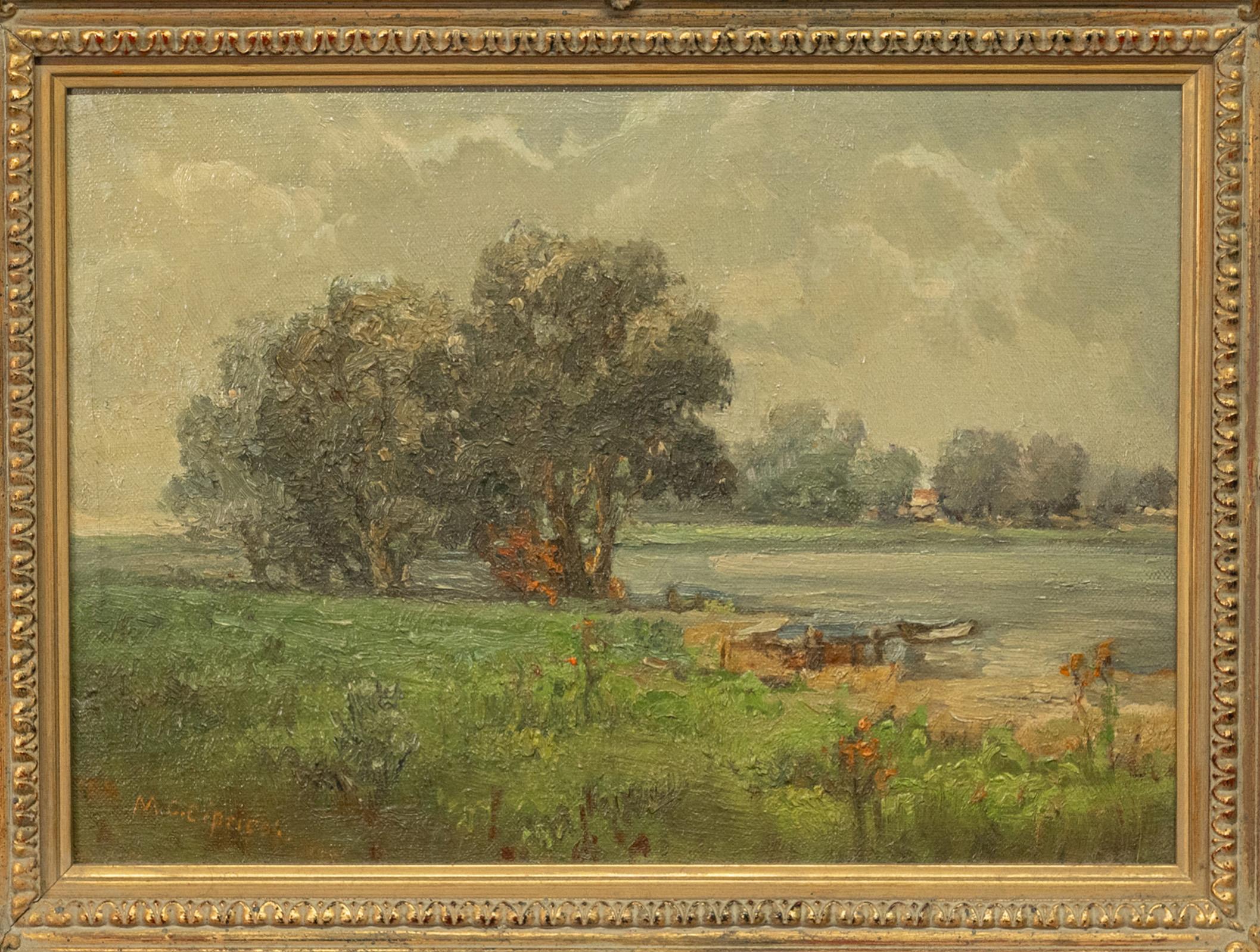 A good California Impressionist oil on canvas landscape painting by Marguerite Freytag Ciprico (1891-1973).
This very attractive impressionistic painting depicts Lake Lagunita on the campus of Stanford University. The lake has been a focal point of
