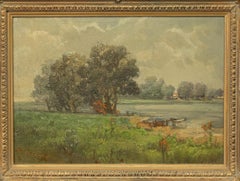 Antique California Impressionist Oil Canvas Painting Stanford Lake Lagunita 1910