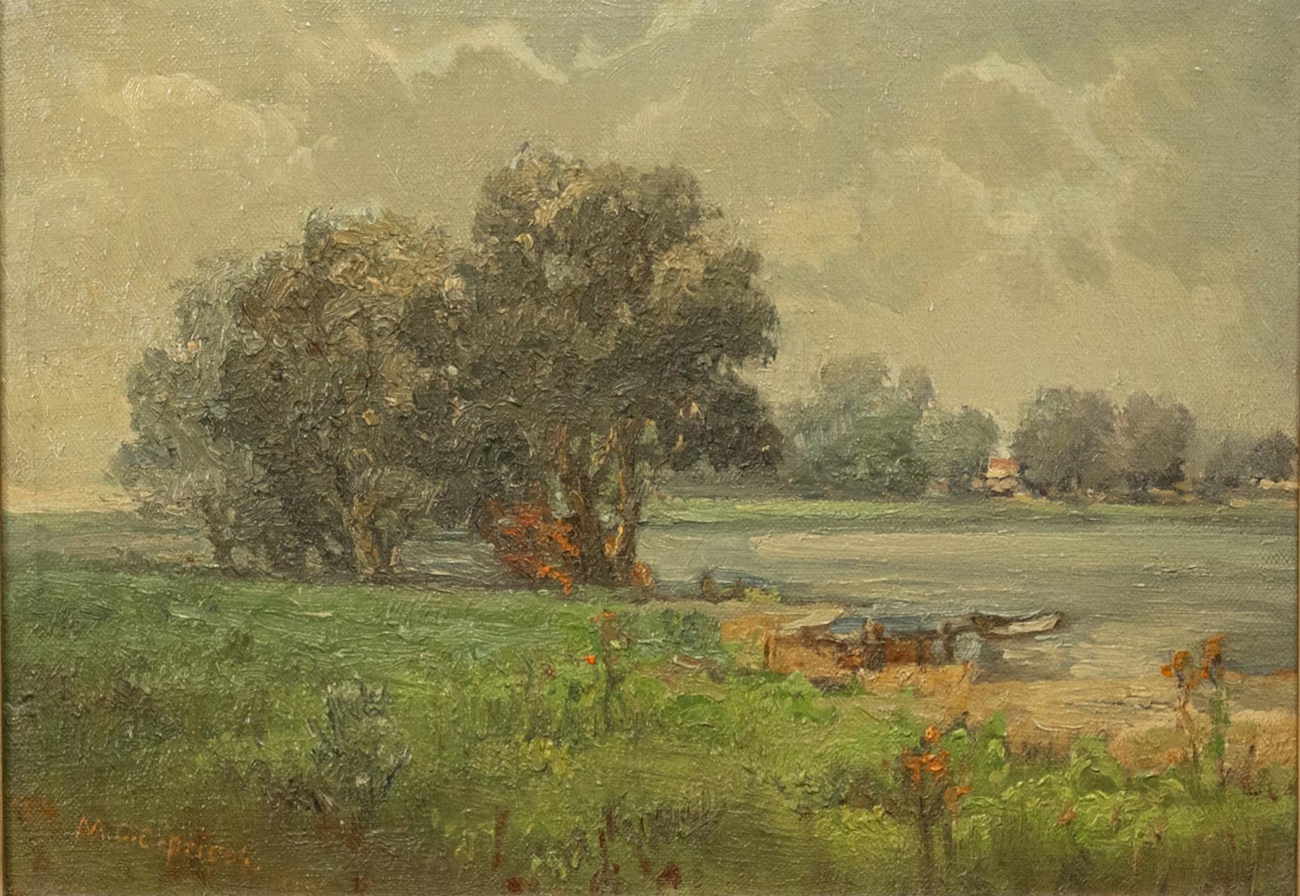 Antique California Impressionist Oil Canvas Painting Stanford Lake Lagunita 1910 1