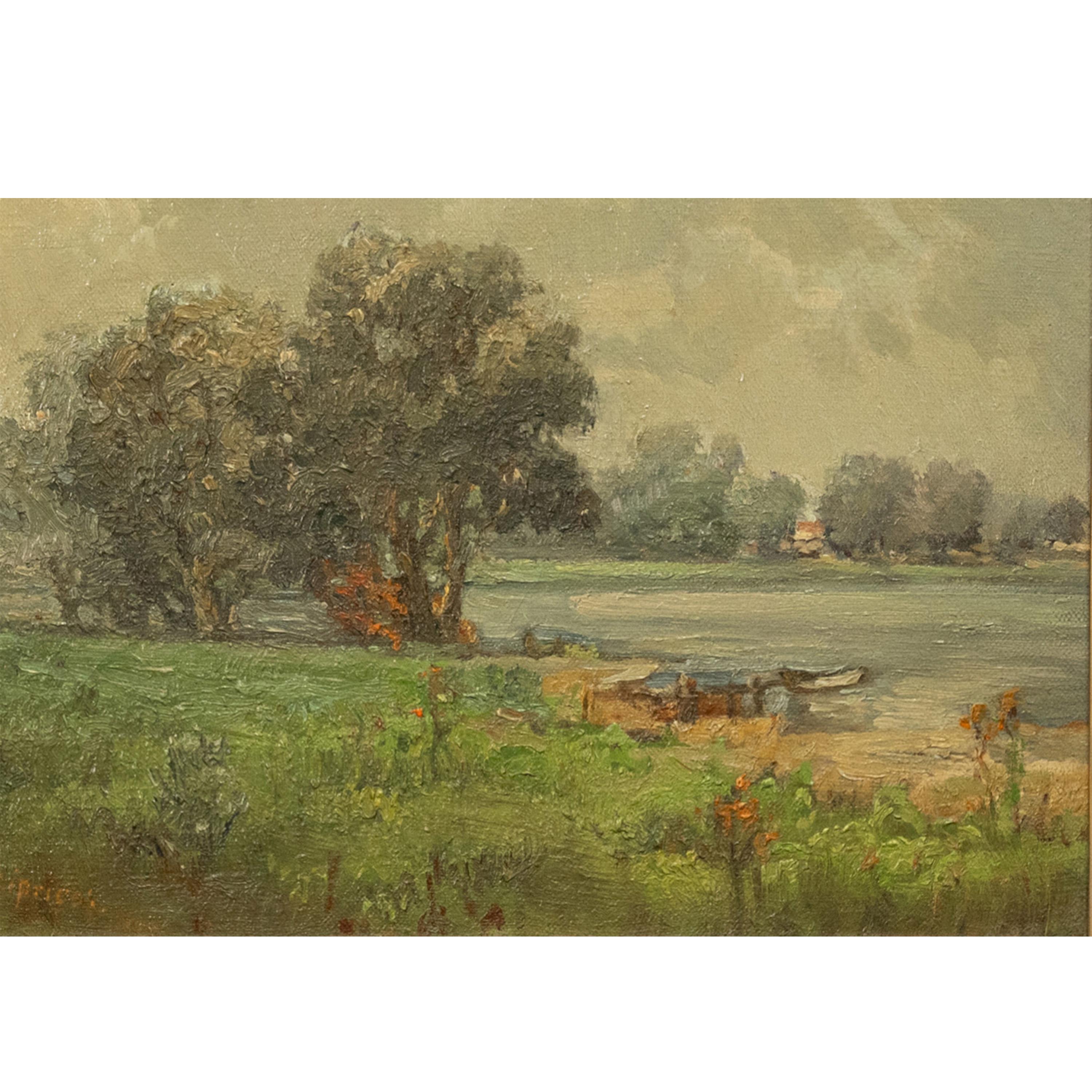Antique California Impressionist Oil Canvas Painting Stanford Lake Lagunita 1910 2