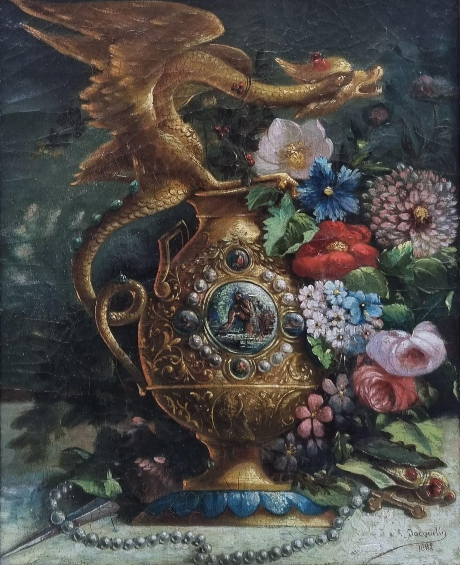 Still-Life Painting di Marguerite JACQUELIN - Pittura romantica francese Natura morta Drago Bordeaux 19° secolo