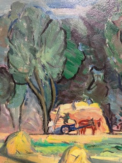 Siglo 1950 Óleo postimpresionista francés firmado Campos verdes con cosecha