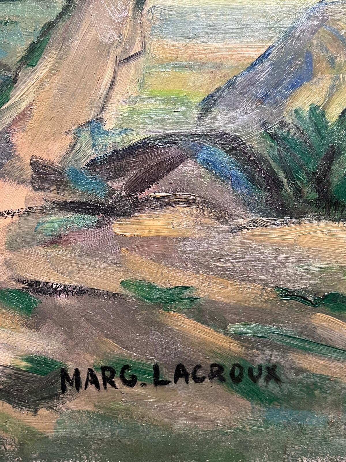1950's Jahrhundert Französisch Post Impressionist signiert Öl Grüne Felder mit Ernte (Grau), Animal Painting, von Marguerite Lacroux
