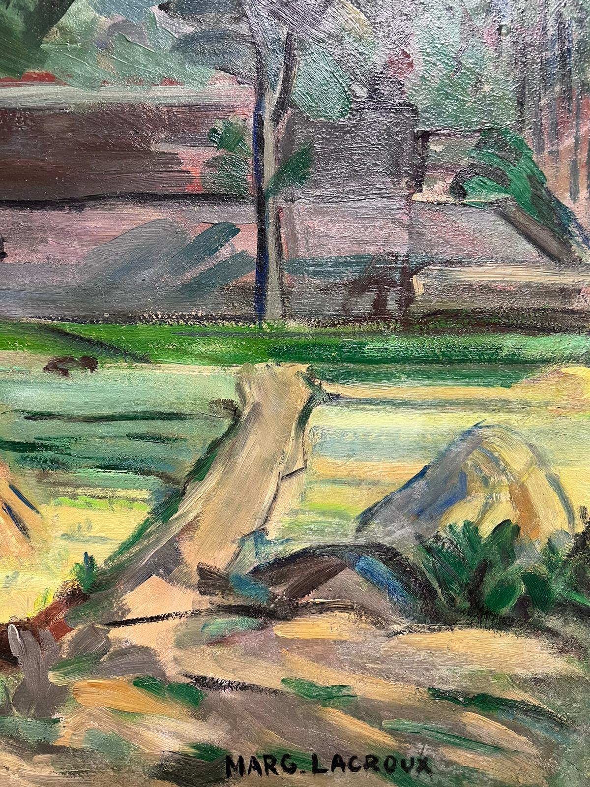 1950's Century French Post Impressionist Signed Oil Green Fields with Harvest - Gray Animal Painting by Marguerite Lacroux