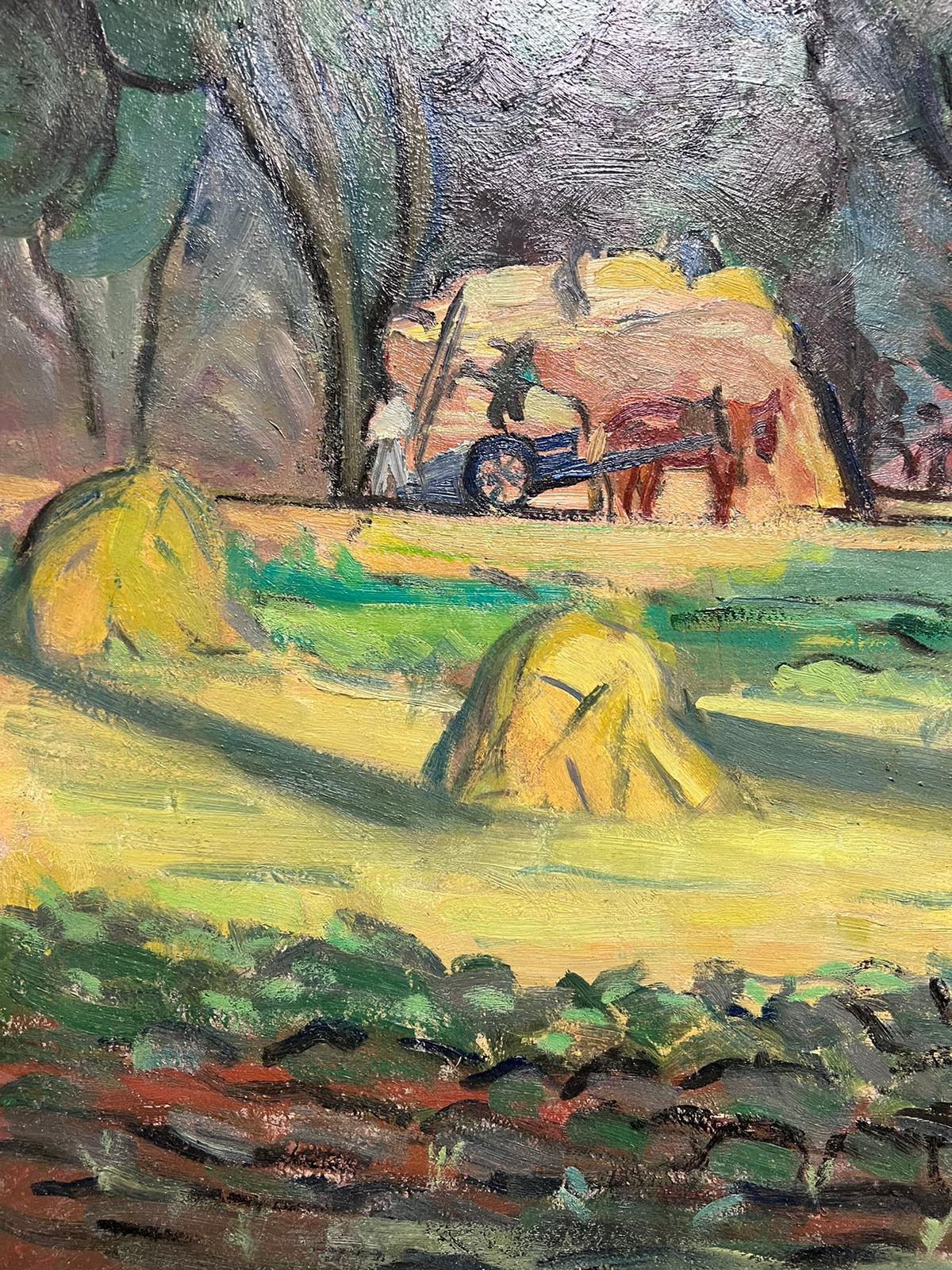1950's Jahrhundert Französisch Post Impressionist signiert Öl Grüne Felder mit Ernte im Angebot 1