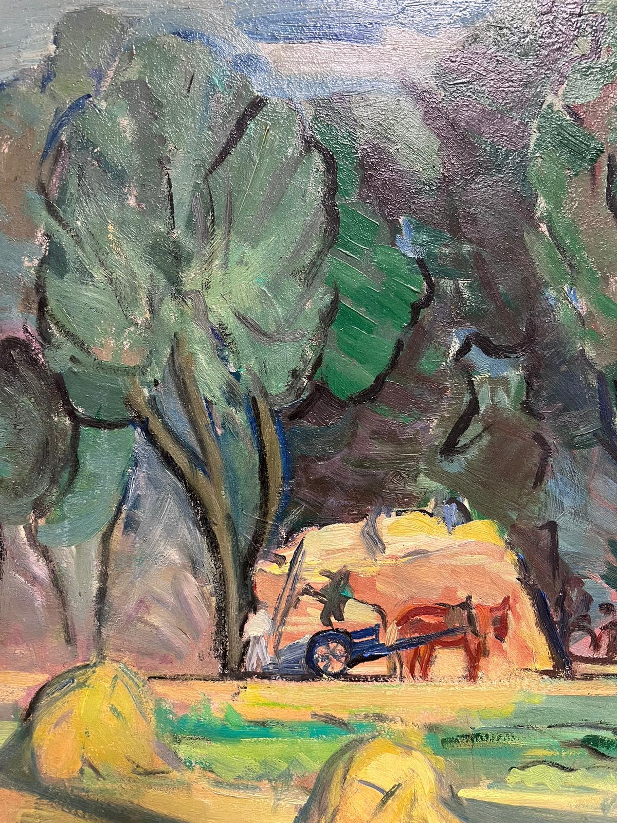 1950's Jahrhundert Französisch Post Impressionist signiert Öl Grüne Felder mit Ernte im Angebot 2