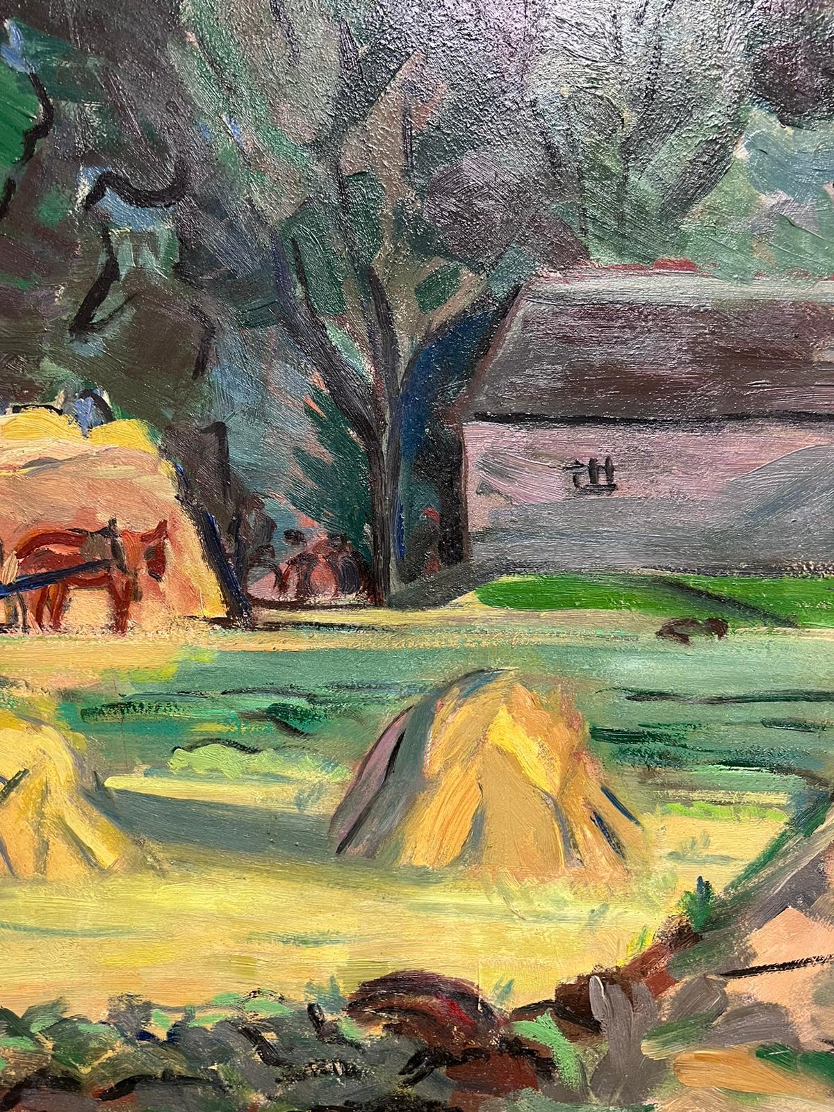 1950's Century French Post Impressionist Signed Oil Green Fields with Harvest For Sale 2
