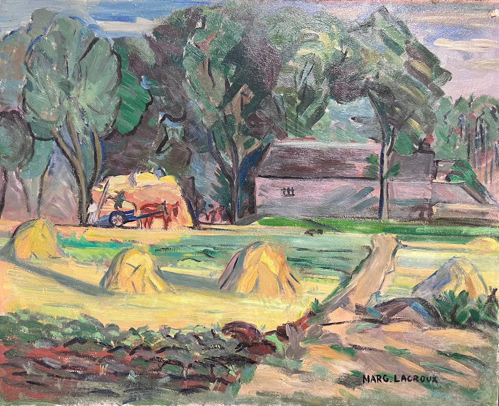 Marguerite Lacroux Animal Painting - 1950's Century French Post Impressionist Signed Oil Green Fields with Harvest