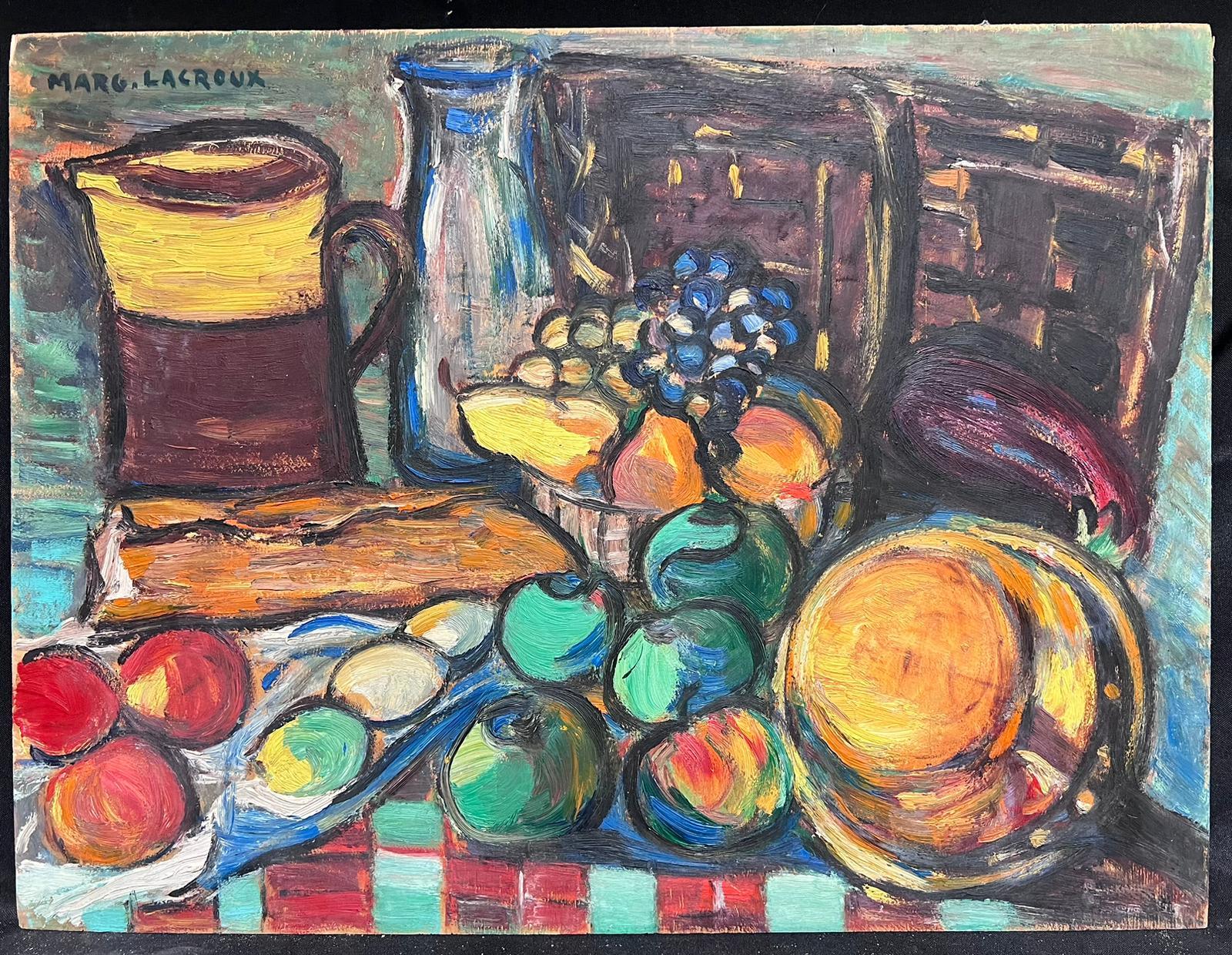 1950's Óleo francés postimpresionista firmado Bodegón de sobremesa Fruta y comida - Painting de Marguerite Lacroux