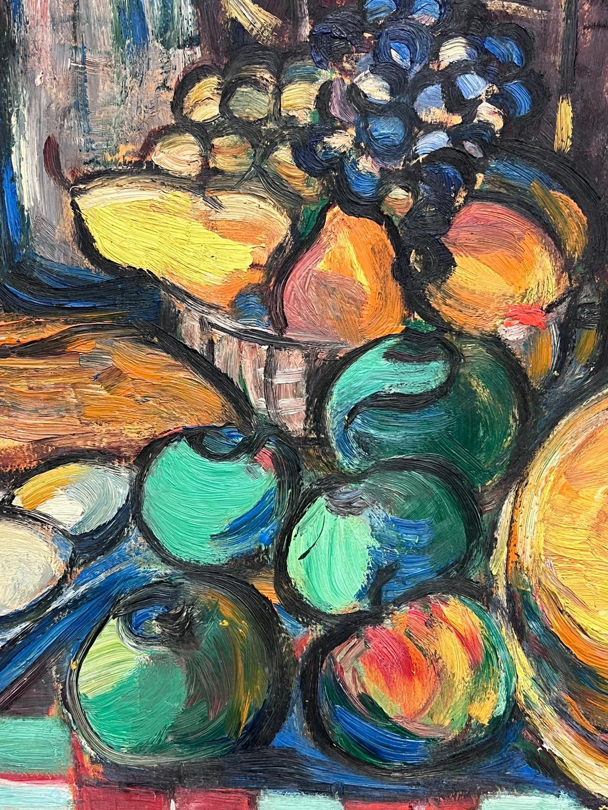 1950's Óleo francés postimpresionista firmado Bodegón de sobremesa Fruta y comida - Painting Impresionista de Marguerite Lacroux