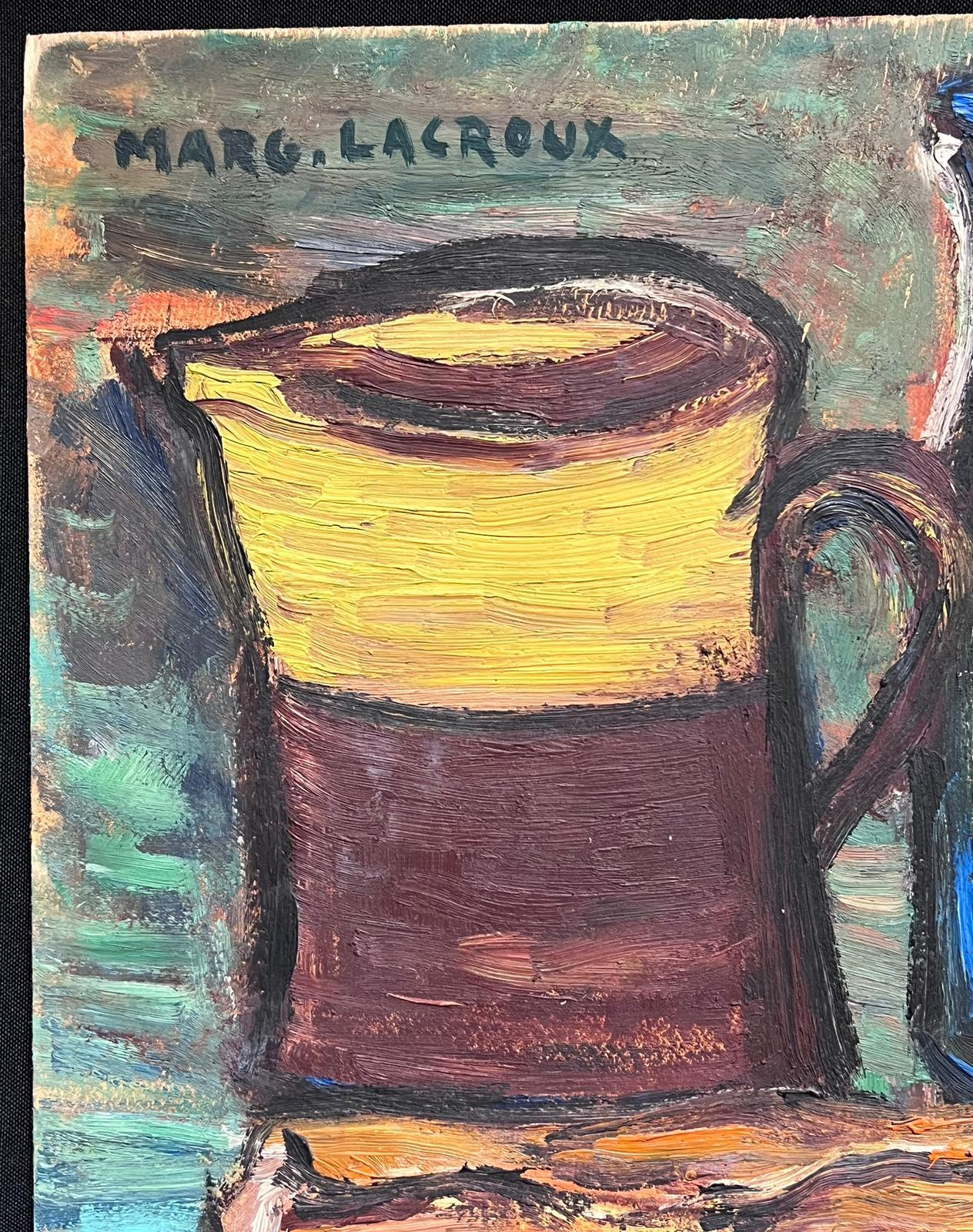 1950's Óleo francés postimpresionista firmado Bodegón de sobremesa Fruta y comida - Still-Life Painting Gris de Marguerite Lacroux