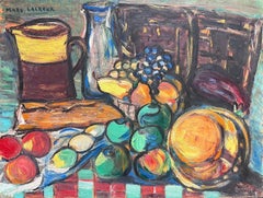 1950's Óleo francés postimpresionista firmado Bodegón de sobremesa Fruta y comida