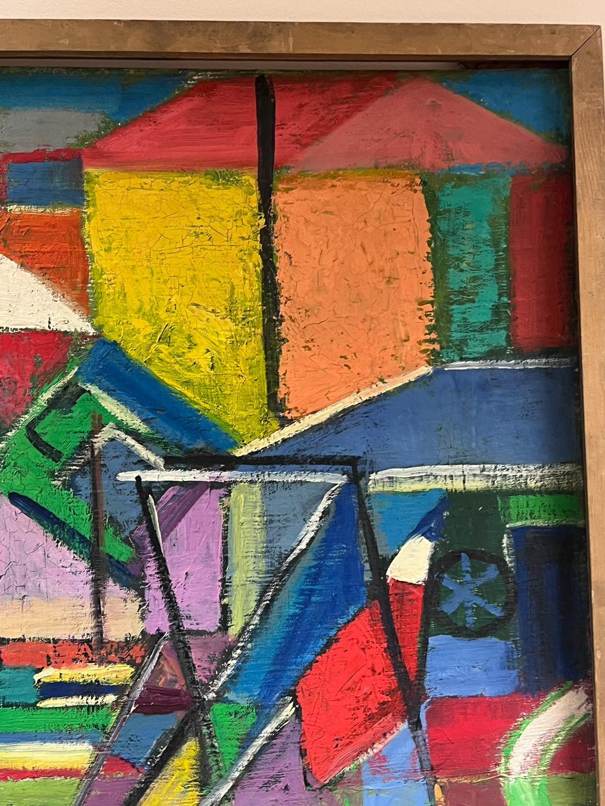 Huge 1950's French Cubist Sunny South of France Harbor Scene Signed Oil Painting For Sale 5