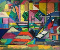 Grande peinture à l'huile cubiste française des années 1950, Sunny South of France, scène de port signée