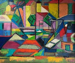 Grande peinture à l'huile cubiste française des années 1950, Sunny South of France, scène de port signée