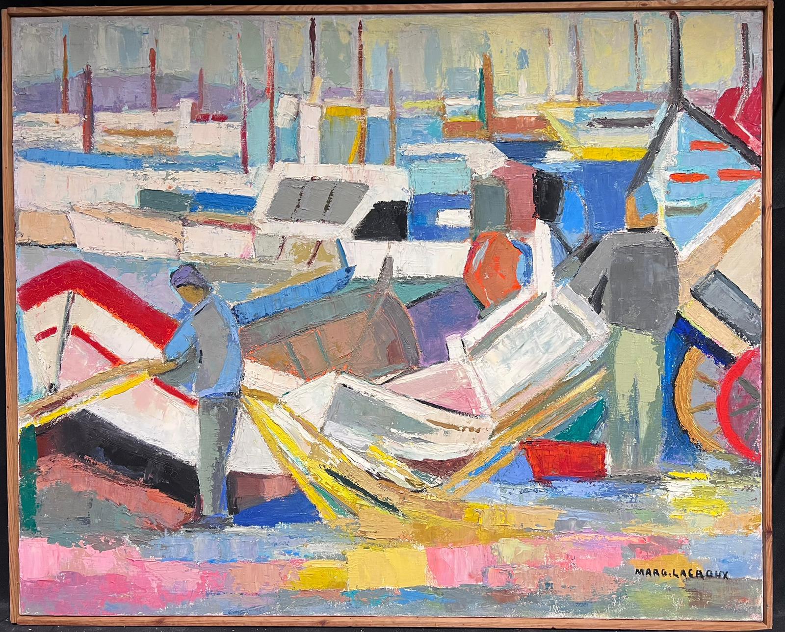 Huge Mid 20th Century French Cubist Signed Oil Fisherman with Boats Harbor Quay - Painting by Marguerite Lacroux