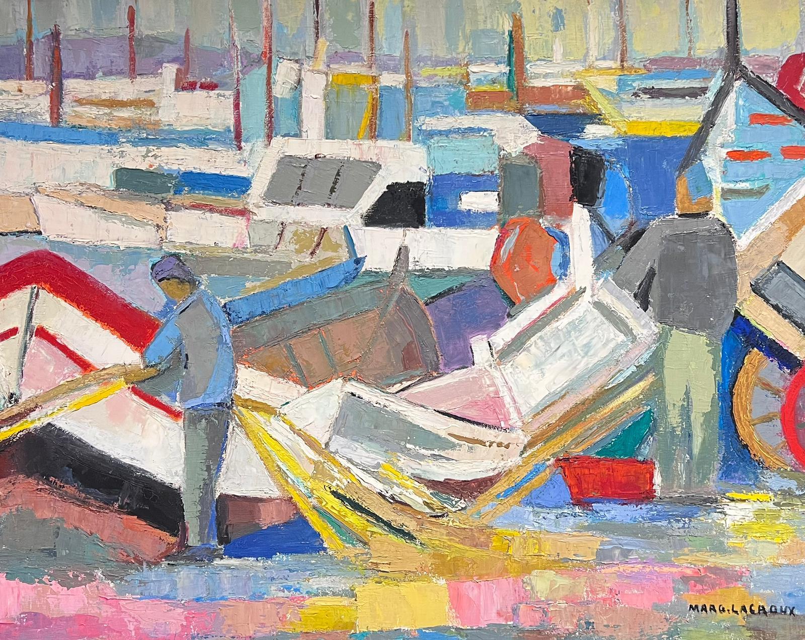 Huge Mid 20th Century French Cubist Signed Oil Fisherman with Boats Harbor Quay For Sale 3