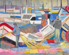 Vintage Huge Mid 20th Century French Cubist Signed Oil Fisherman with Boats Harbor Quay