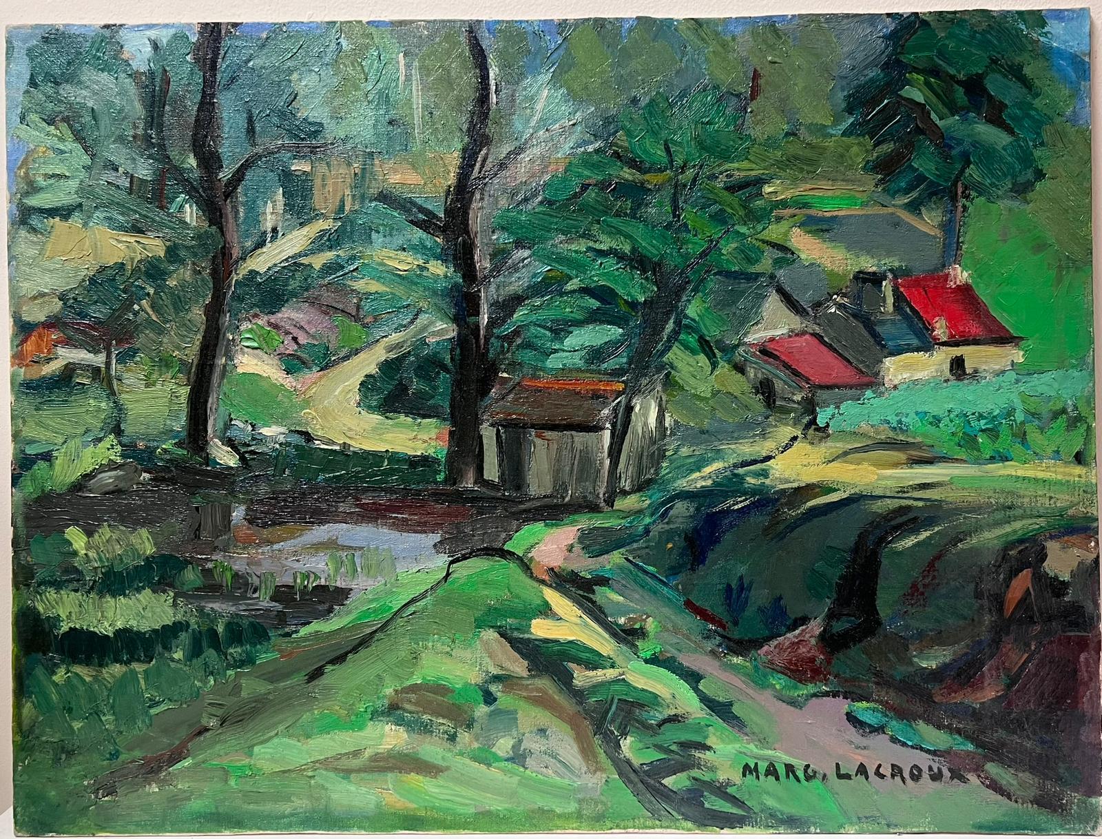 Mid 20th Century French Modernist Signed Oil House in Green Wooded Landscape - Painting by Marguerite Lacroux