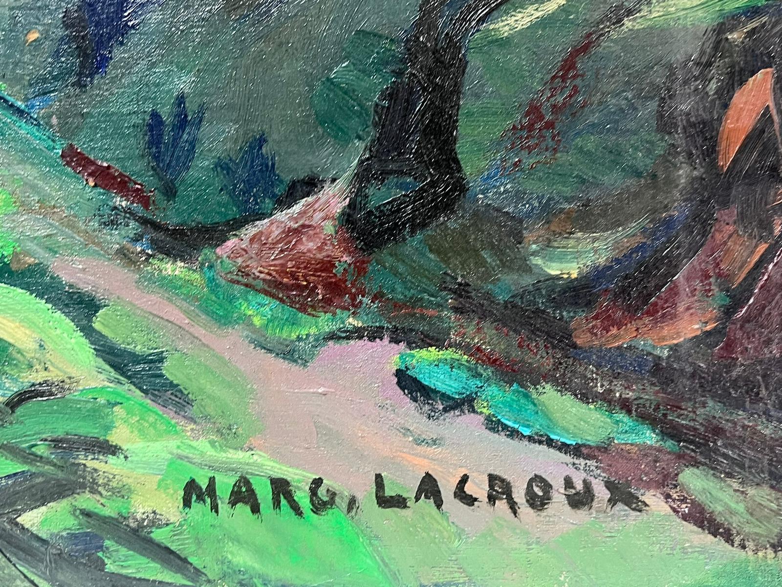 Mid 20th Century French Modernist Signed Oil House in Green Wooded Landscape - Impressionist Painting by Marguerite Lacroux