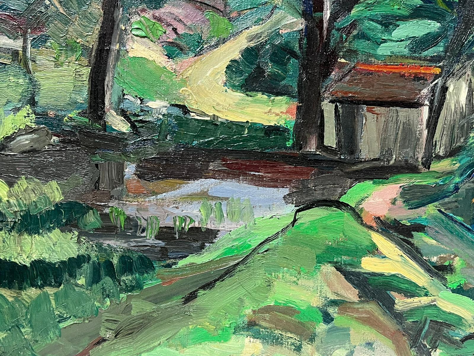 Mid 20th Century French Modernist Signed Oil House in Green Wooded Landscape For Sale 1