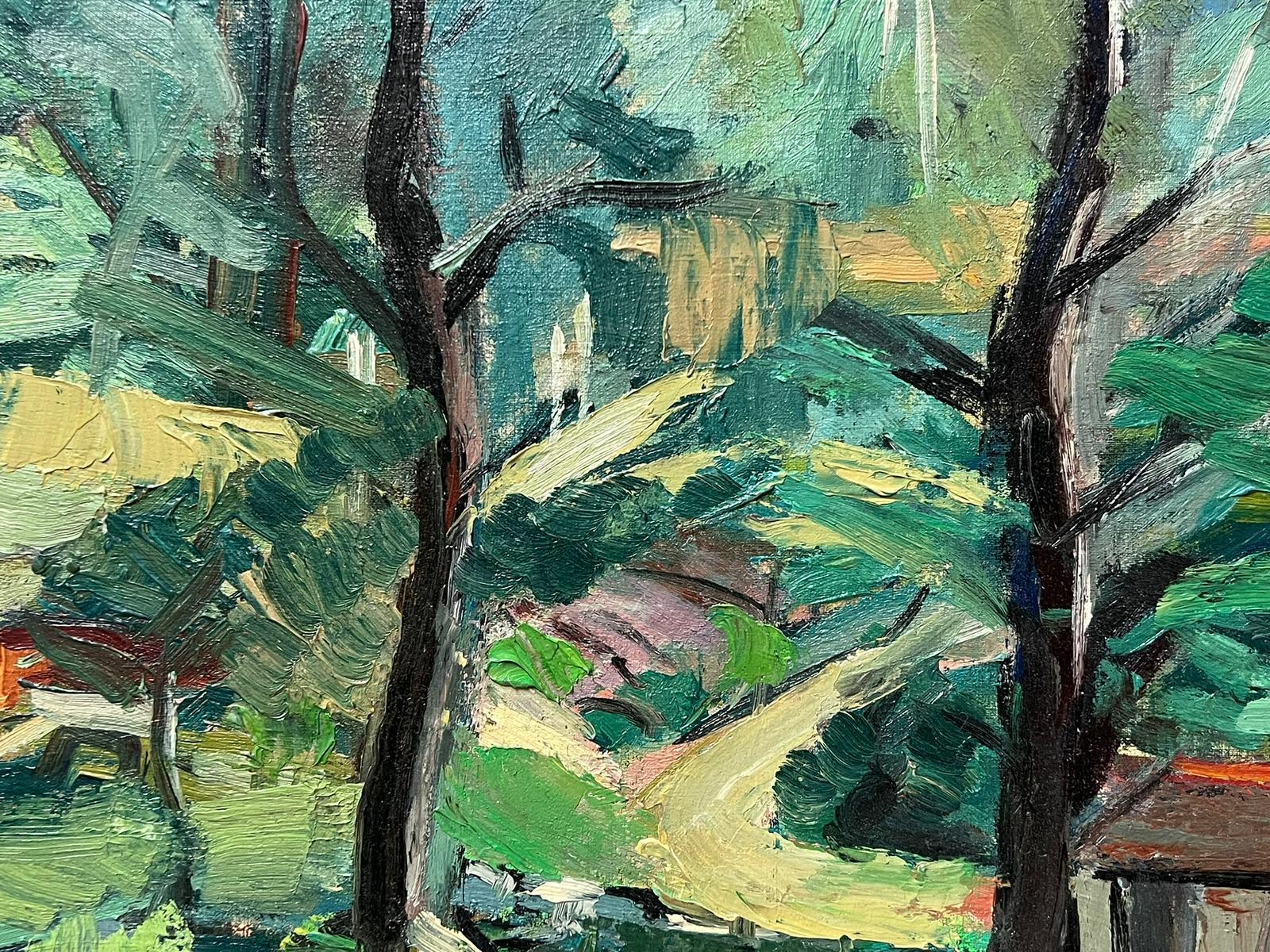 Mid 20th Century French Modernist Signed Oil House in Green Wooded Landscape For Sale 2