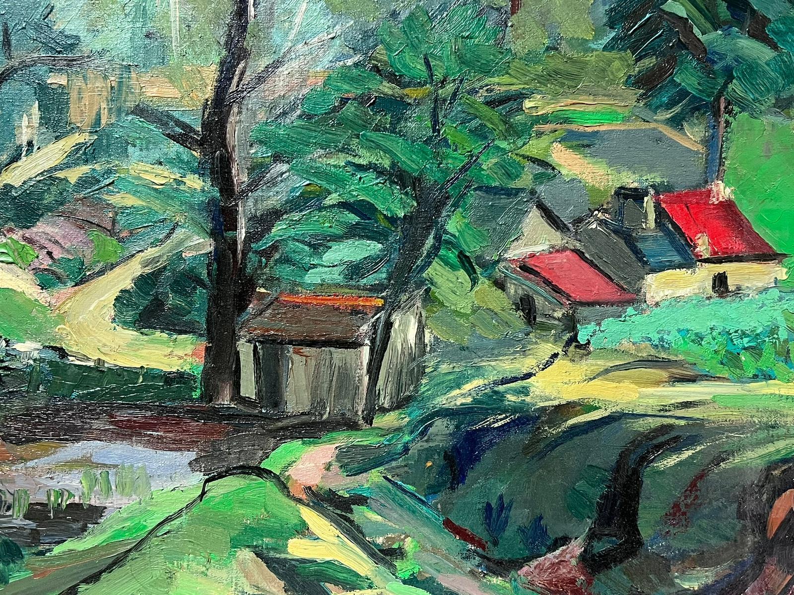 Mid 20th Century French Modernist Signed Oil House in Green Wooded Landscape For Sale 3