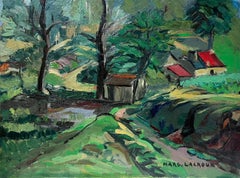 Mid 20th Century French Modernist Signed Oil House in Green Wooded Landscape