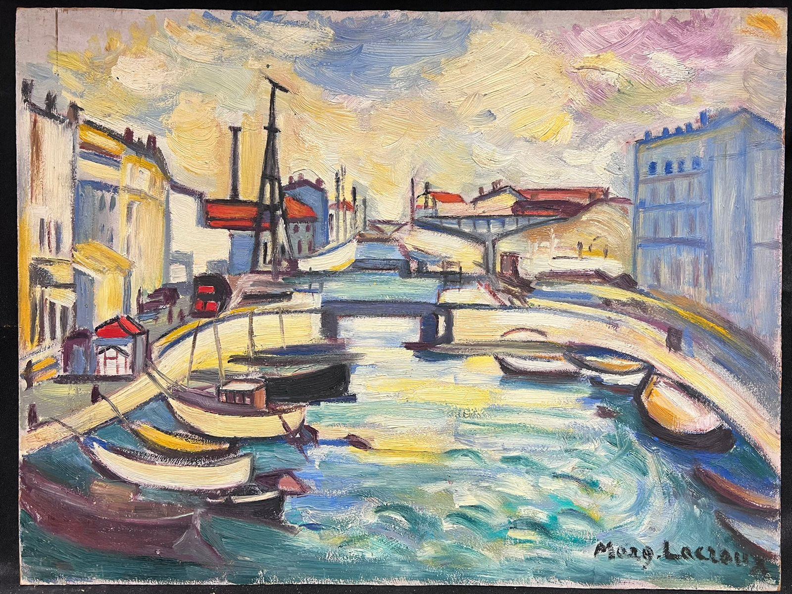 Mid 20th Century French Signed Oil Boats in Town Harbor Modernist Style - Painting by Marguerite Lacroux
