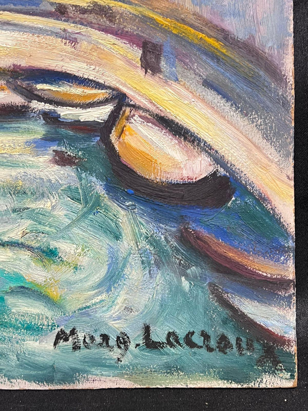 Boîtes à l'huile signées françaises du milieu du 20e siècle dans le style moderniste de Town Harbor - Impressionnisme Painting par Marguerite Lacroux