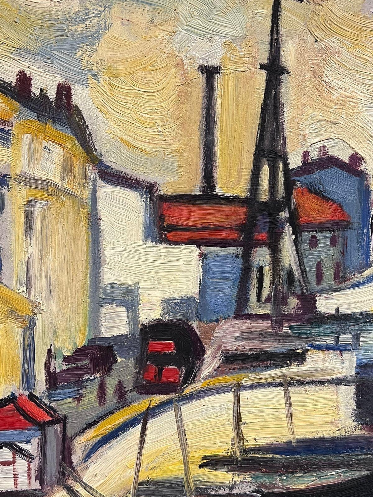 Boîtes à l'huile signées françaises du milieu du 20e siècle dans le style moderniste de Town Harbor - Gris Landscape Painting par Marguerite Lacroux