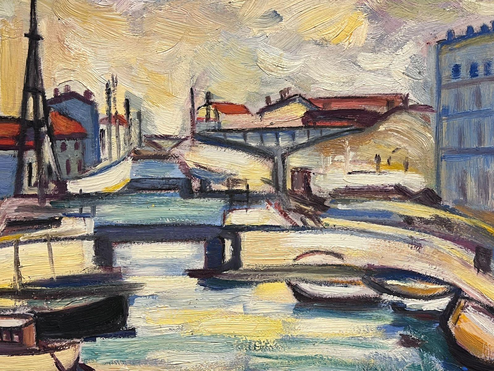 Mid 20th Century French Signed Oil Boats in Town Harbor Modernist Style For Sale 1