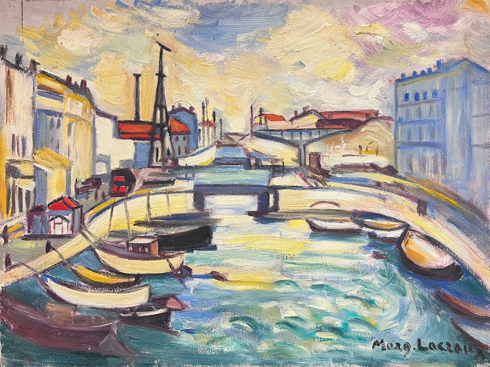 Marguerite Lacroux Landscape Painting - Mid 20th Century French Signed Oil Boats in Town Harbor Modernist Style