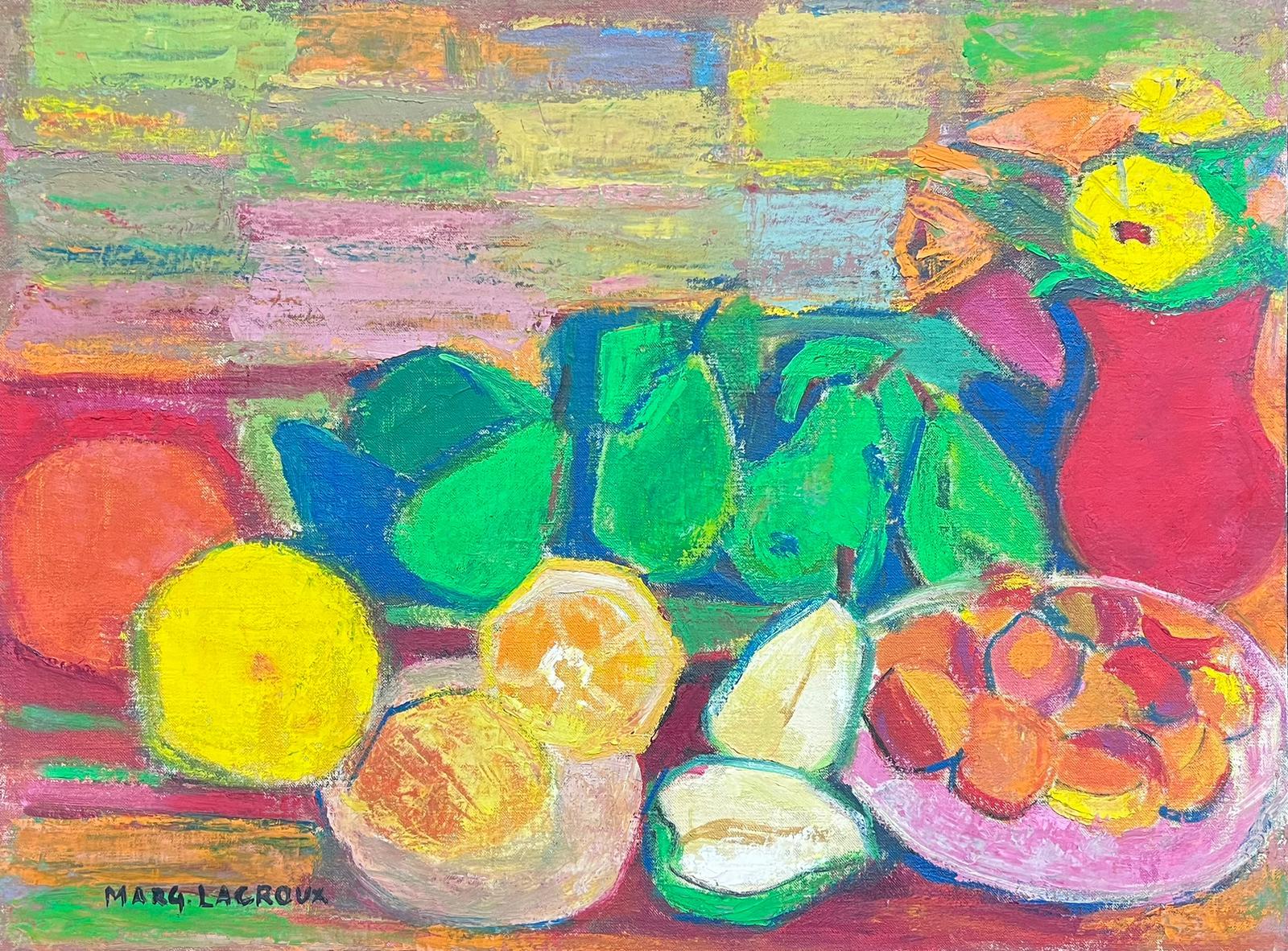 Marguerite Lacroux Interior Painting - Mid 20th Century French Signed Oil Cubist Modernist Still Life Fruit