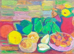 Huile cubiste moderniste signée du milieu du 20e siècle Nature morte aux fruits
