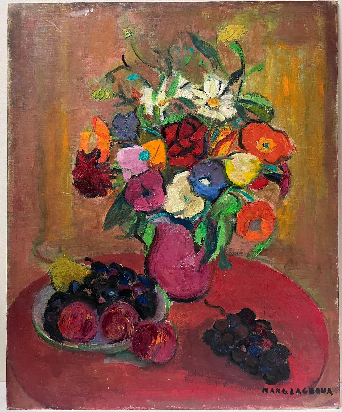 Bodegón Modernista Francés de Mediados de Siglo Pintura al Óleo Flores y Frutas - Painting de Marguerite Lacroux