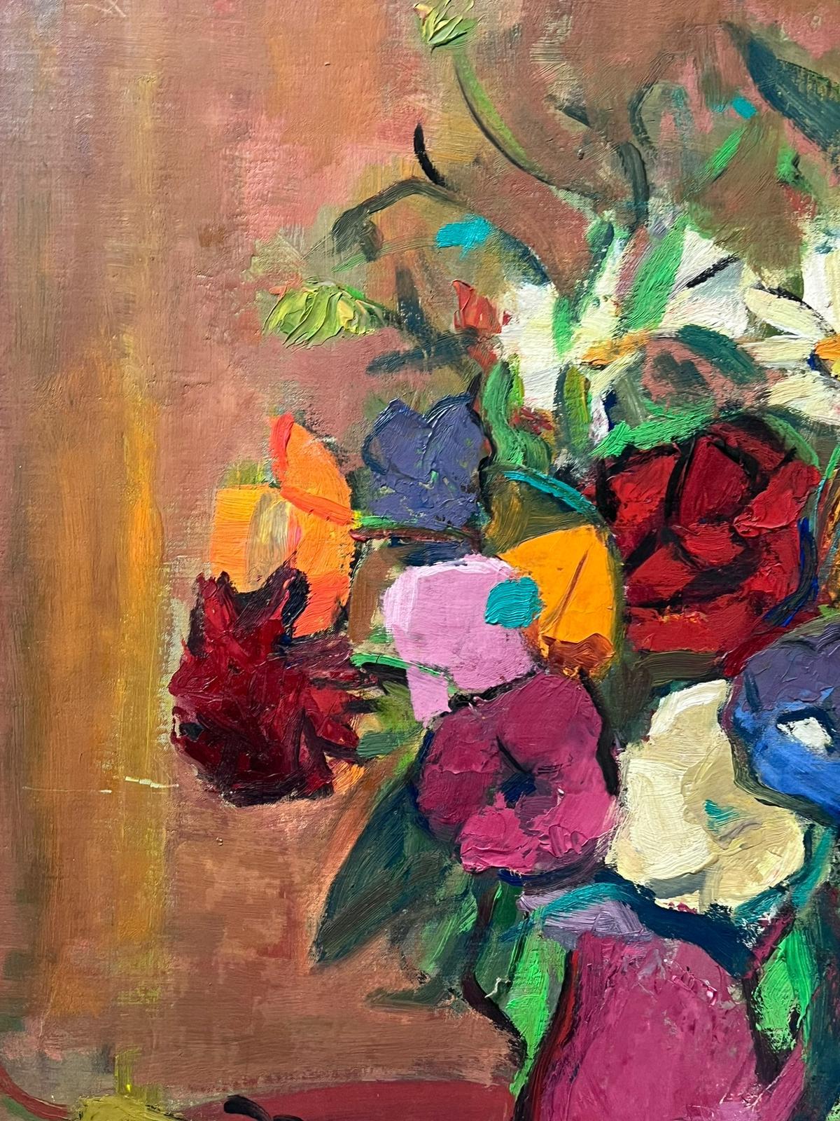 Bodegón Modernista Francés de Mediados de Siglo Pintura al Óleo Flores y Frutas - Still-Life Painting Marrón de Marguerite Lacroux