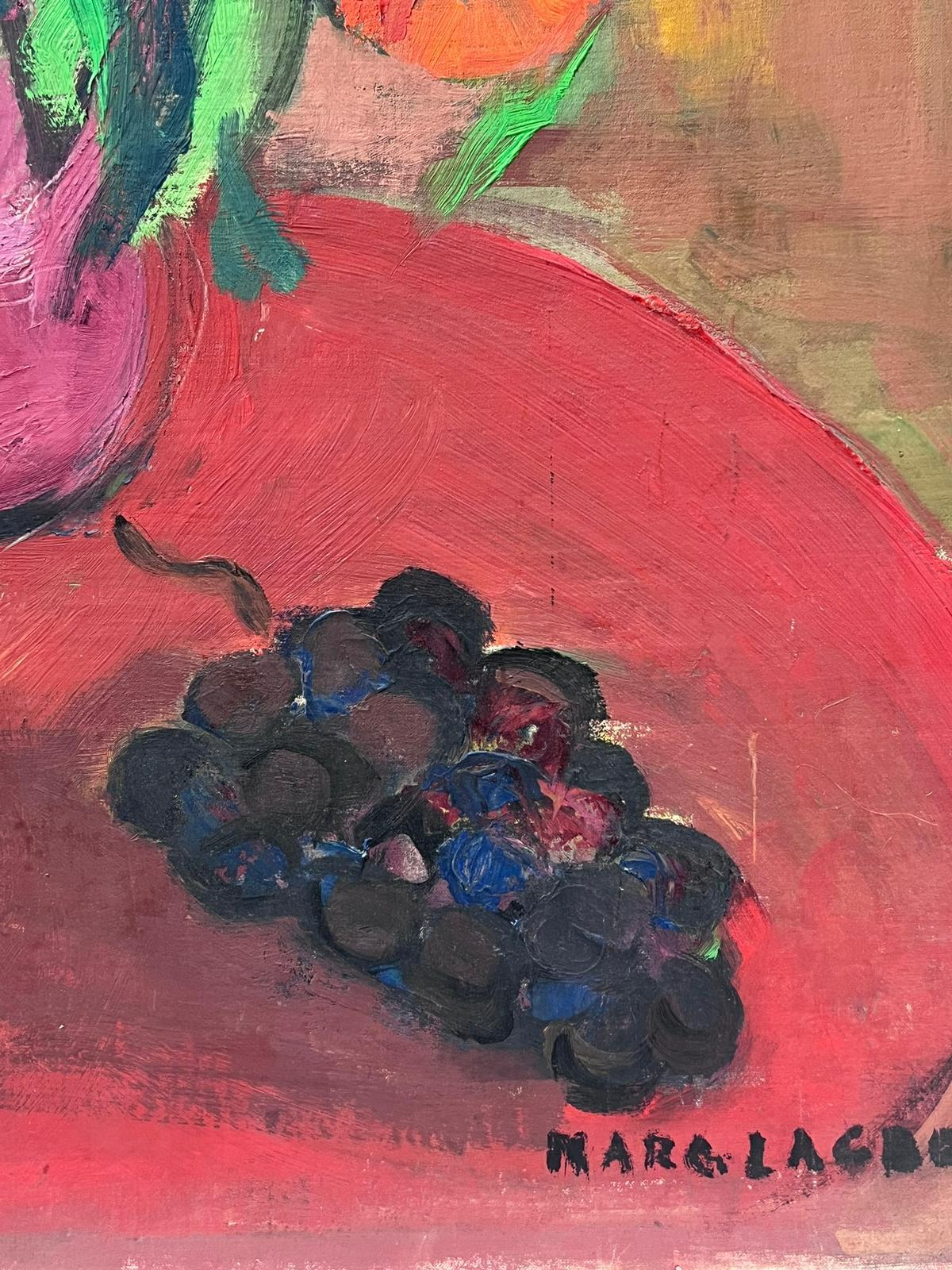 Bodegón Modernista Francés de Mediados de Siglo Pintura al Óleo Flores y Frutas 1