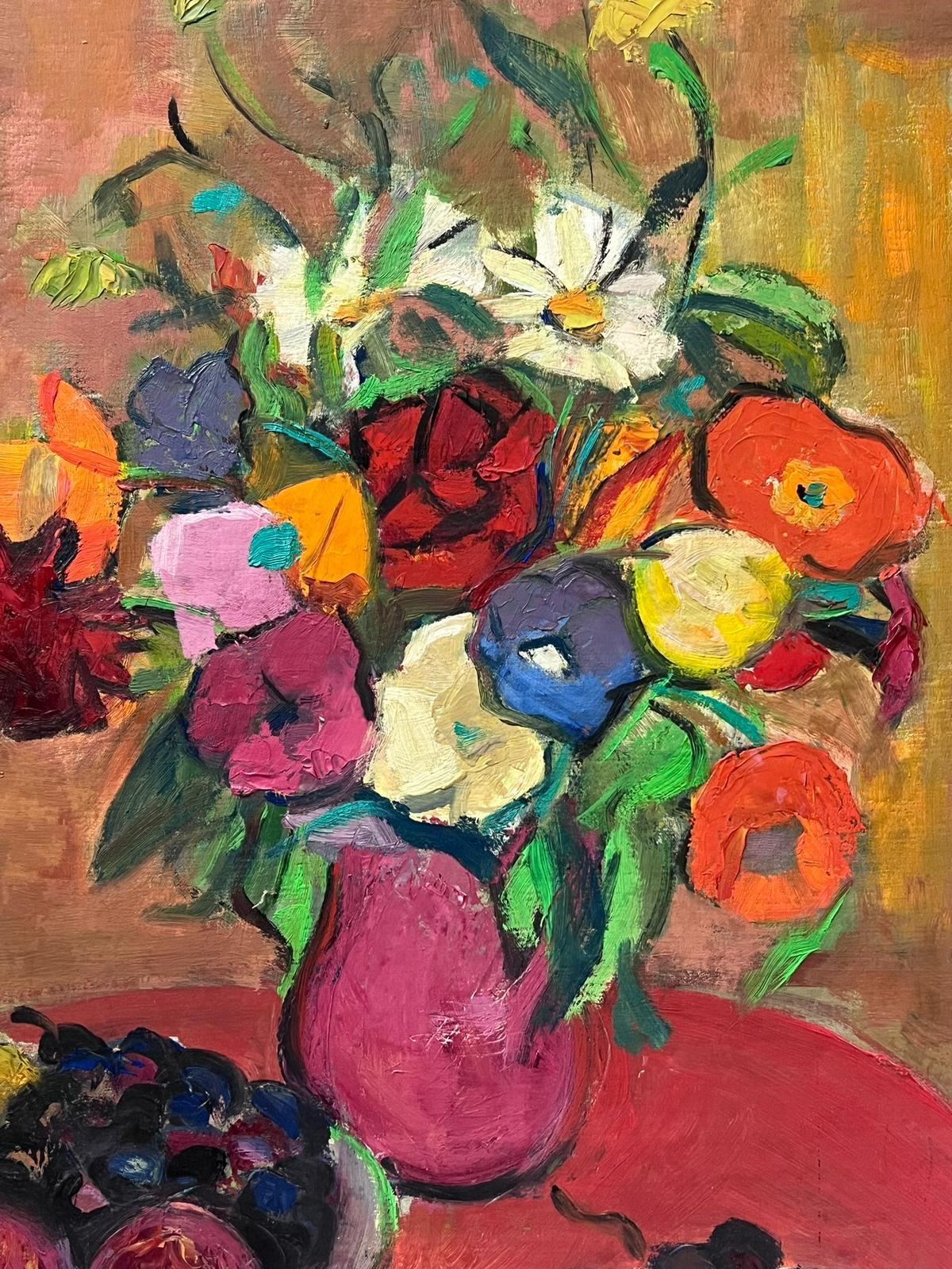 Bodegón Modernista Francés de Mediados de Siglo Pintura al Óleo Flores y Frutas 2
